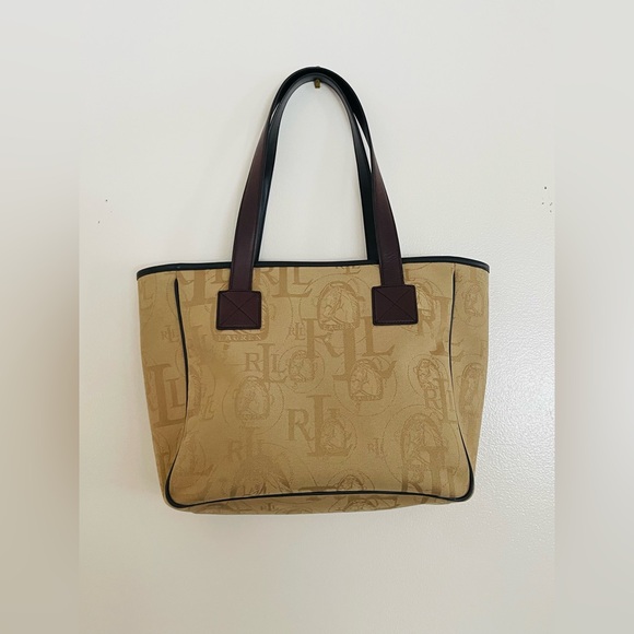 Lauren Ralph Lauren Handbags - Timeless Classic Y2K Ralph Lauren Khaki Canvas And Dark Brown Leather Large Tote